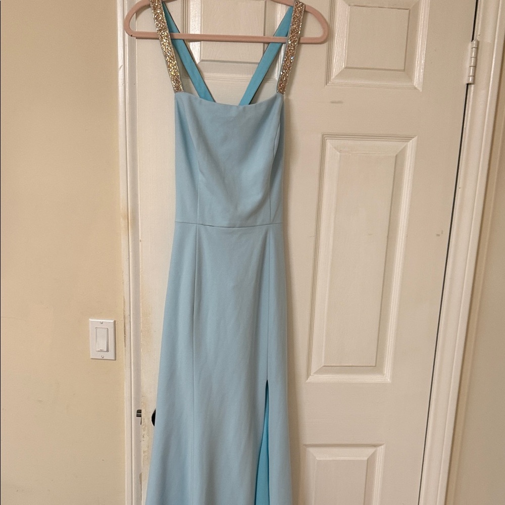 Betsy & Adam Light Blue Prom Gown with Gold Sequin Straps